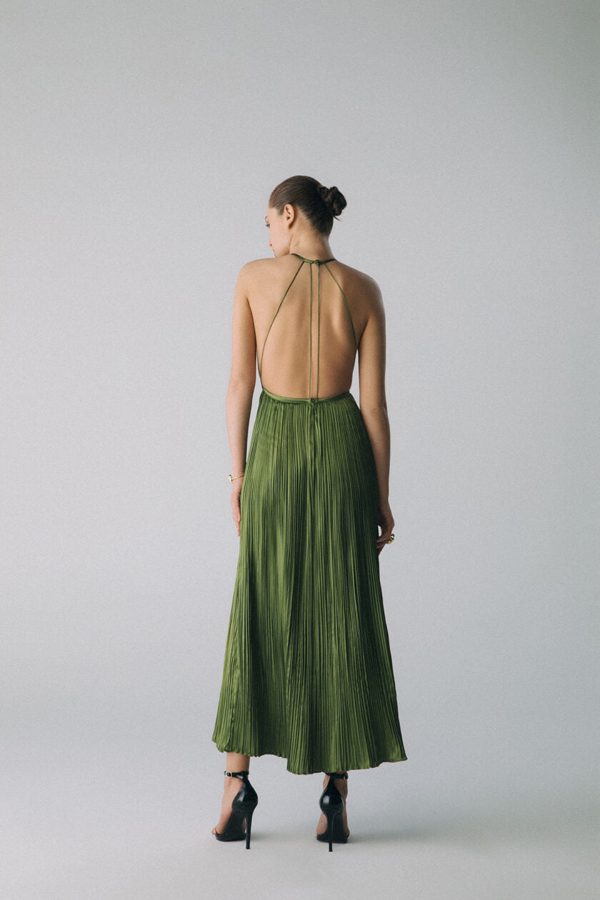 LINA – Boyundan Bağlamalı Sırt Dekolteli Drape Detaylı Midi Elbise